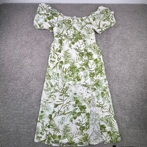 Blu Pepper Maxi Dress White Green Floral Off Shoulder Smocked Puff Sleeve M